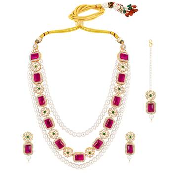 Gold plated rani pink & green kundan synthetic stone & beads studded 5