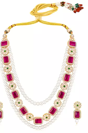 Gold plated rani pink & green kundan synthetic stone & beads studded