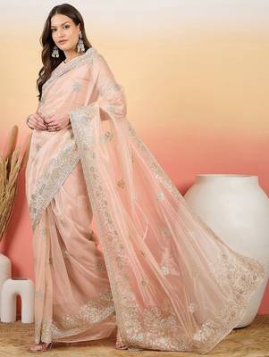 Peach embroidered saree with blouse 5