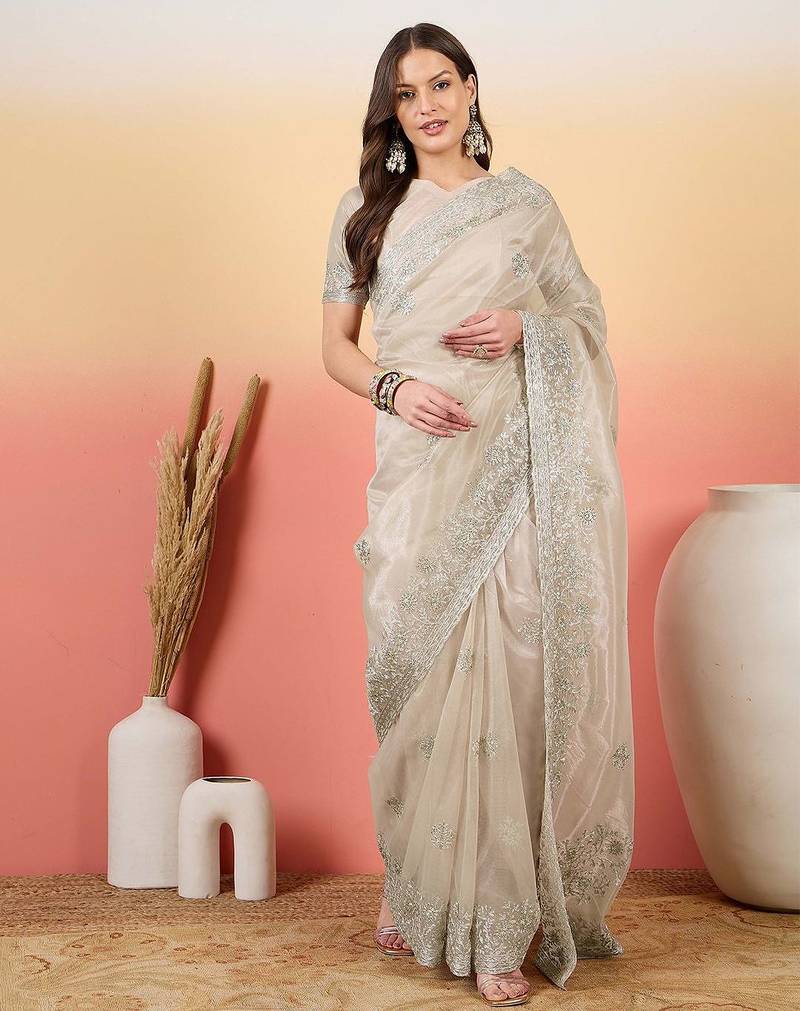 Silver embroidered saree with blouse