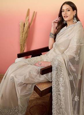 Silver embroidered saree with blouse 5