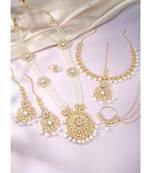 White kundan & beads studded long necklace maatha patti maangtikka