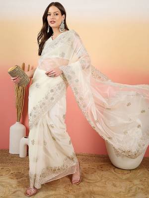 Off white embroidered saree with blouse 1