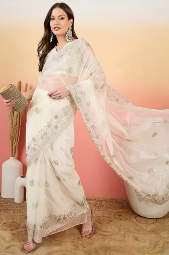 Off white embroidered saree with blouse