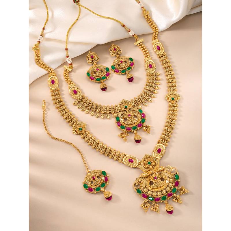 Synthetic stone studded south set necklace earrings maangtikka