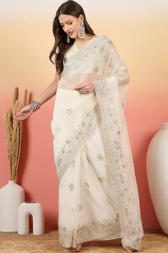 Off white embroidered saree with blouse