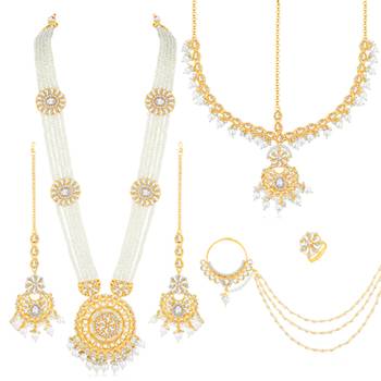 White kundan & beads studded long necklace maatha patti maangtikka 2
