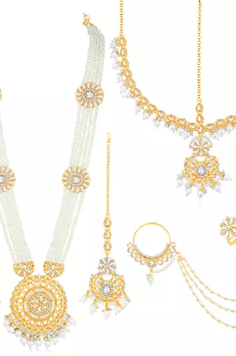 White kundan & beads studded long necklace maatha patti maangtikka
