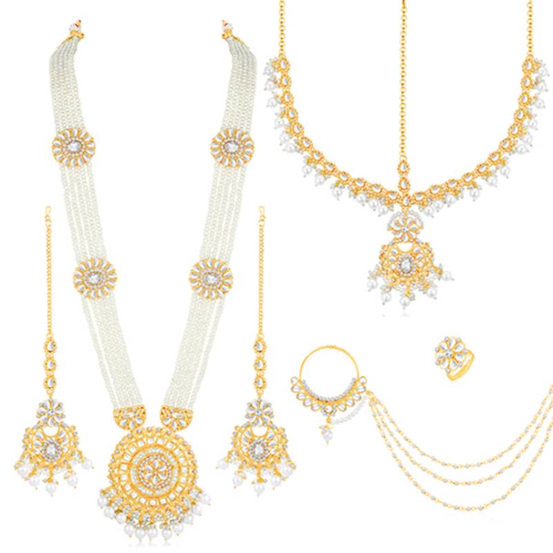 White kundan & beads studded long necklace maatha patti maangtikka