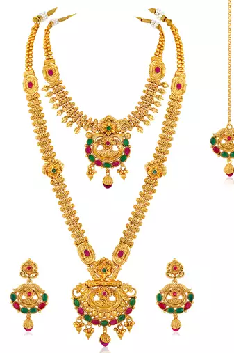 Synthetic stone studded south set necklace earrings maangtikka