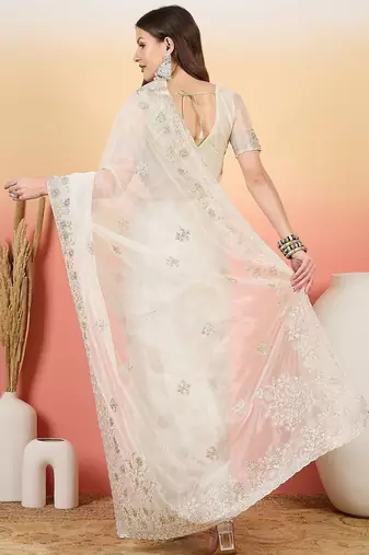 Off white embroidered saree with blouse