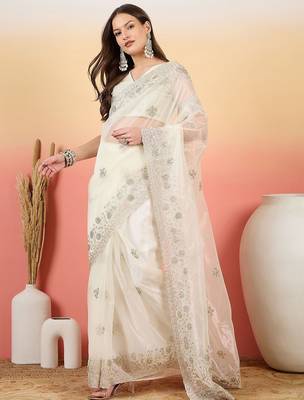 Off white embroidered saree with blouse 4