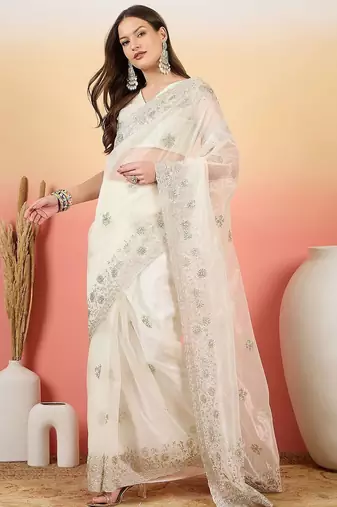 Off white embroidered saree with blouse
