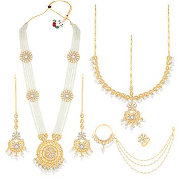 White kundan & beads studded long necklace maatha patti maangtikka 3