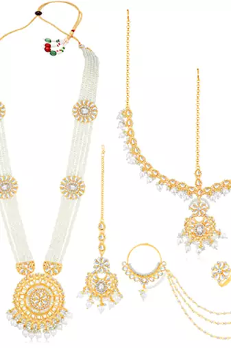 White kundan & beads studded long necklace maatha patti maangtikka