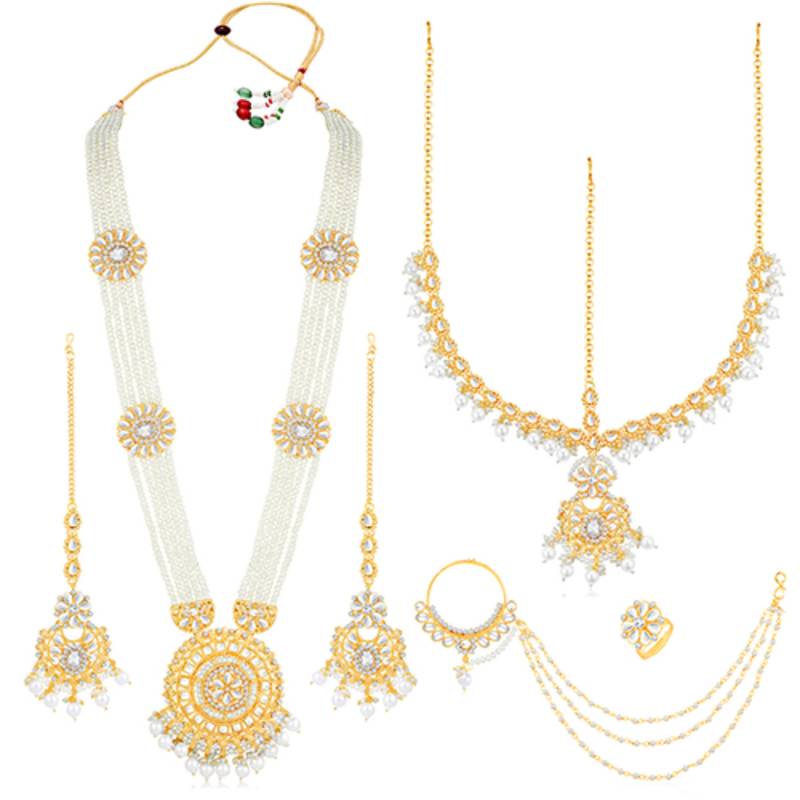 White kundan & beads studded long necklace maatha patti maangtikka