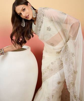 Off white embroidered saree with blouse 5