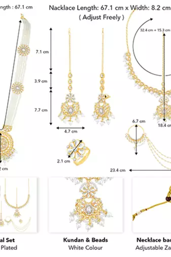 White kundan & beads studded long necklace maatha patti maangtikka