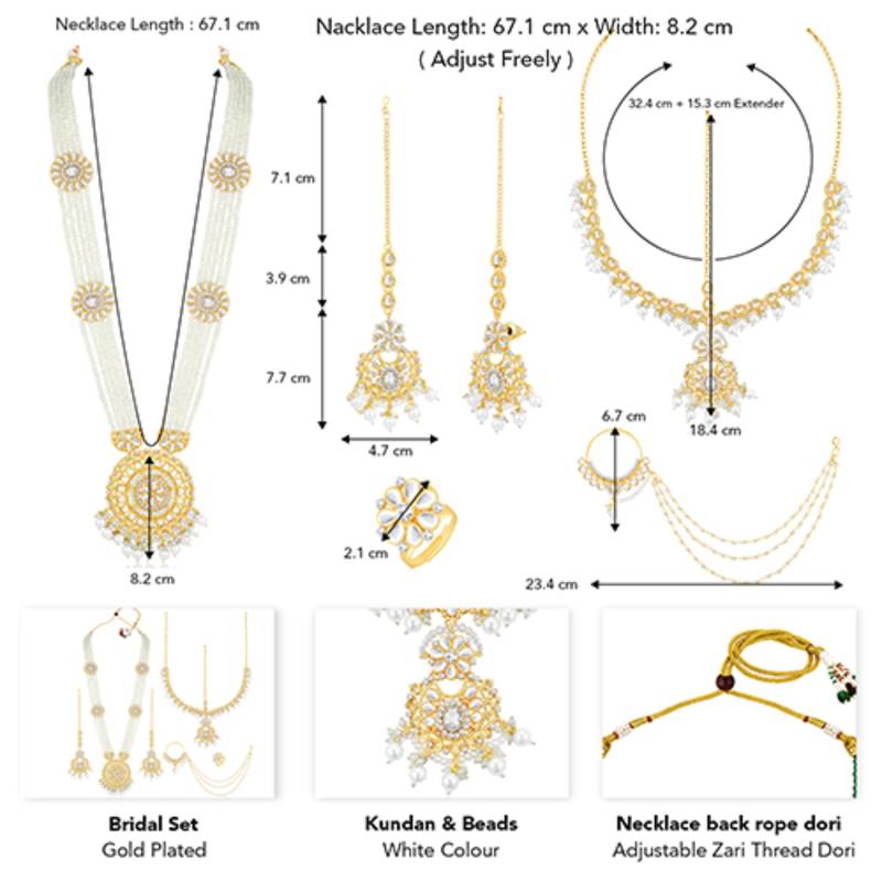 White kundan & beads studded long necklace maatha patti maangtikka