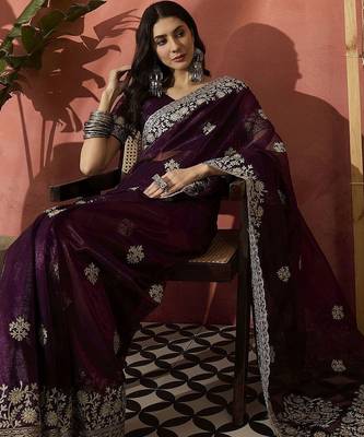 Purple women embroidered saree with blouse 1