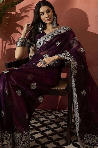 Purple women embroidered saree with blouse
