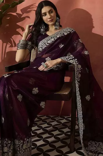 Purple women embroidered saree with blouse