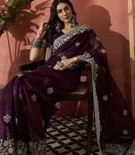 Purple women embroidered saree with blouse