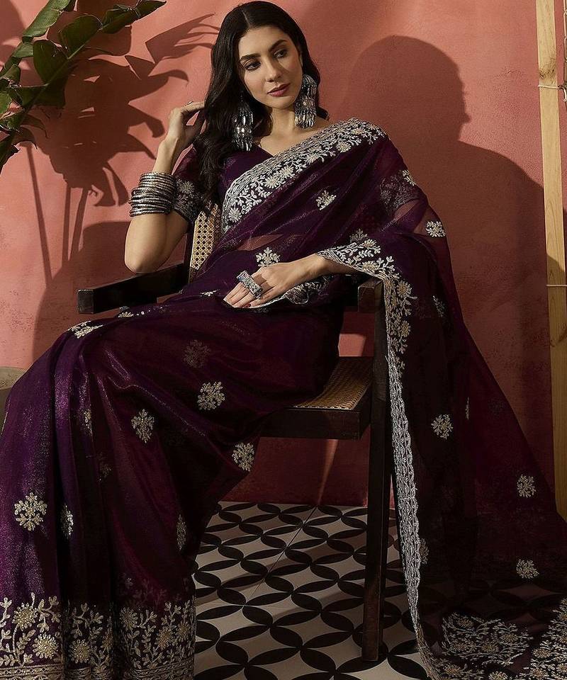 Purple women embroidered saree with blouse