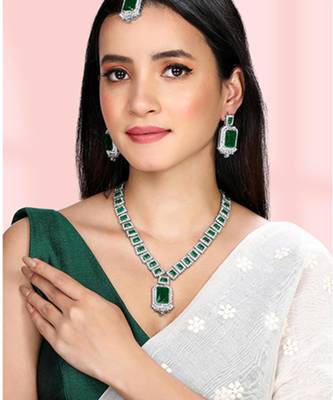 Silver plated green crystal & cubic zirconia studded necklace 1