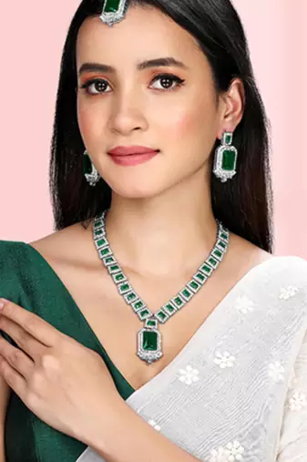 Silver plated green crystal & cubic zirconia studded necklace