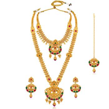 Synthetic stone studded south set necklace earrings maangtikka 5