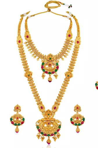 Synthetic stone studded south set necklace earrings maangtikka