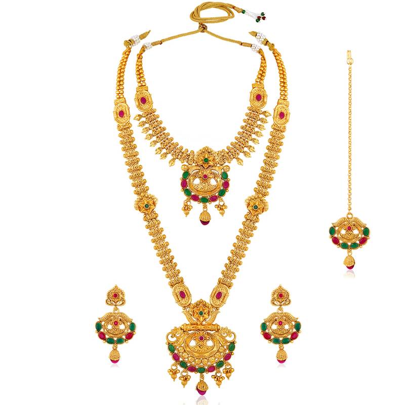 Synthetic stone studded south set necklace earrings maangtikka