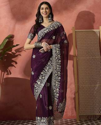 Purple women embroidered saree with blouse 2