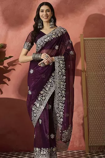 Purple women embroidered saree with blouse