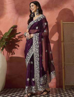 Purple women embroidered saree with blouse 3