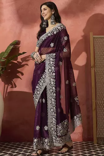 Purple women embroidered saree with blouse
