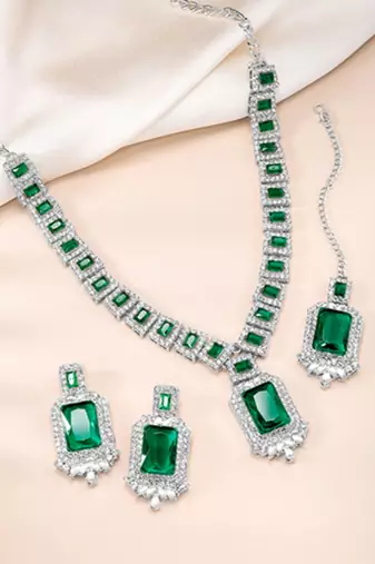 Silver plated green crystal & cubic zirconia studded necklace