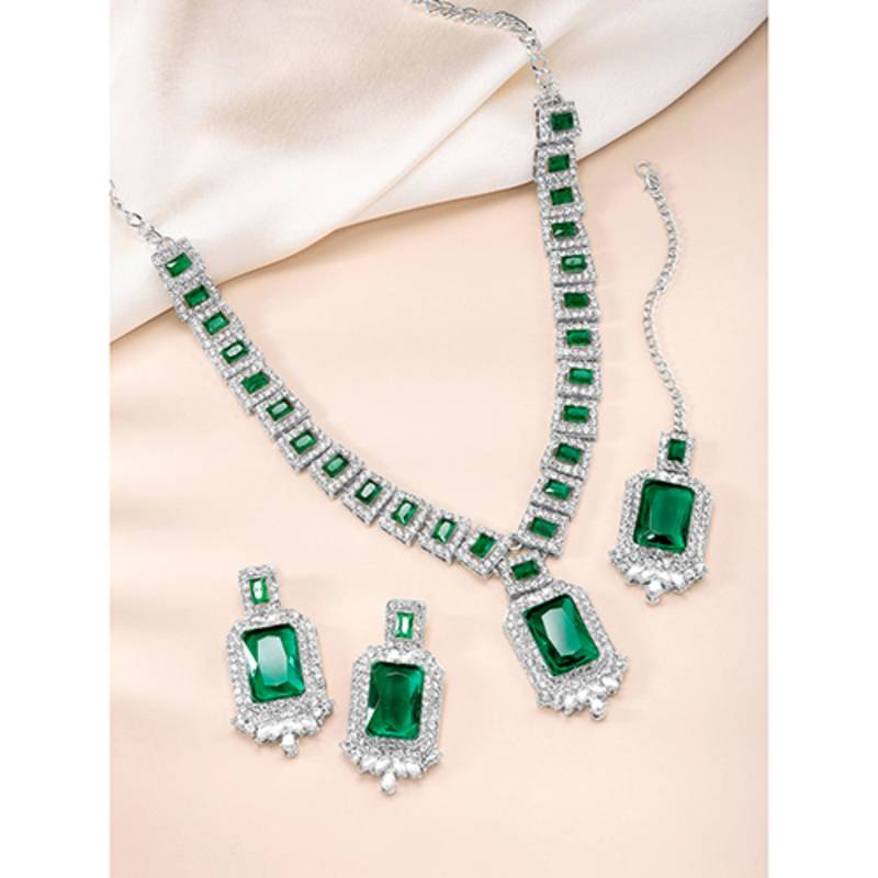 Silver plated green crystal & cubic zirconia studded necklace