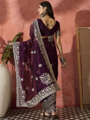 Purple women embroidered saree with blouse 4