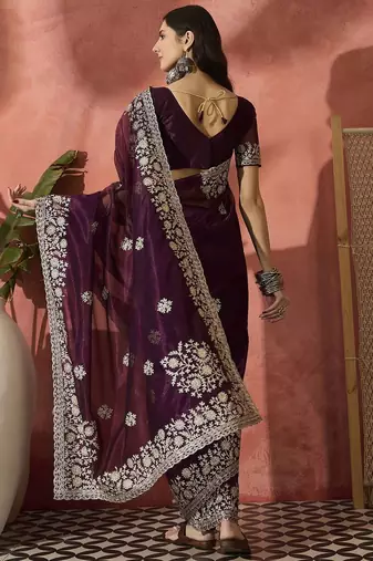Purple women embroidered saree with blouse