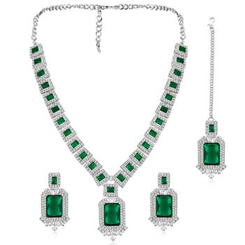 Silver plated green crystal & cubic zirconia studded necklace 3