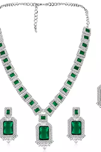 Silver plated green crystal & cubic zirconia studded necklace