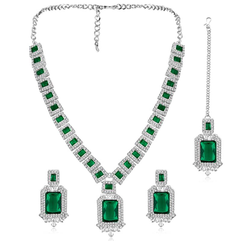 Silver plated green crystal & cubic zirconia studded necklace