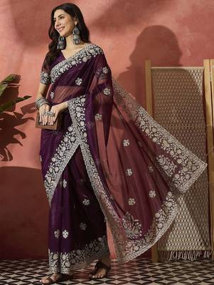 Purple women embroidered saree with blouse 5
