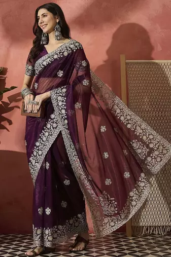Purple women embroidered saree with blouse
