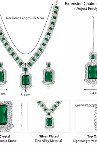 Silver plated green crystal & cubic zirconia studded necklace