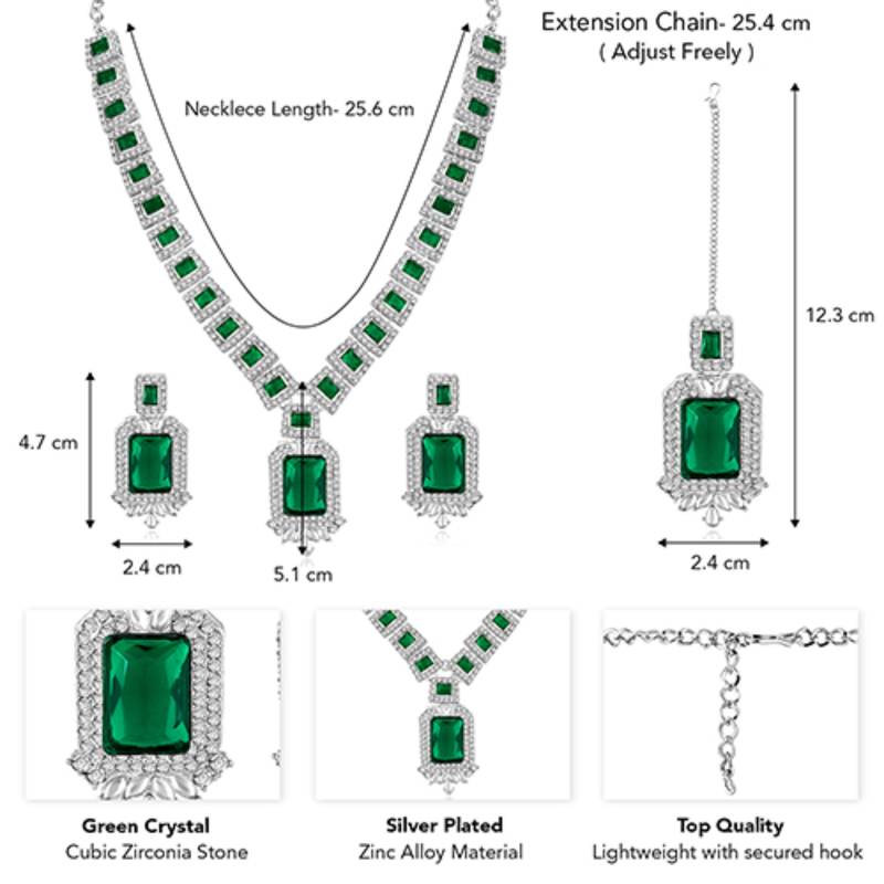 Silver plated green crystal & cubic zirconia studded necklace