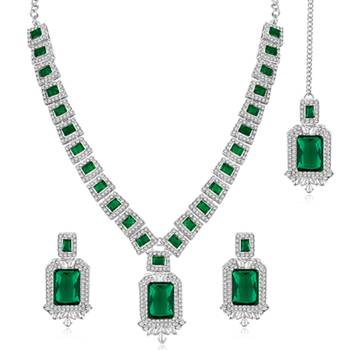 Silver plated green crystal & cubic zirconia studded necklace 5
