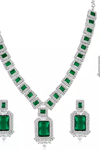 Silver plated green crystal & cubic zirconia studded necklace